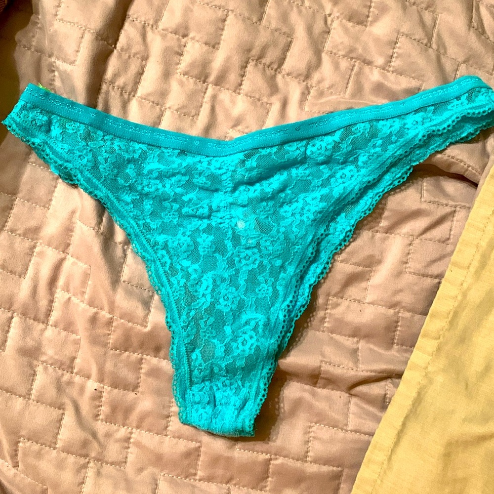 Victoria’s Secret ITSY MINI L aqua blue mesh scalloped lace sheer cheeky panties